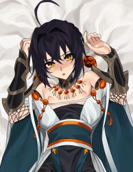 Rule 34 | 1boy, :o, ameman, androgynous, arm guards, bed sheet, black hair, blue kimono, blush, dakimakura (medium), fate/grand order, fate/samurai remnant, fate (series), fishnets, hair intakes, hands up, highres, japanese clothes, jewelry, kimono, looking at viewer, lying, necklace, nipples, obi, on back, open mouth, orange eyes, partially undressed, sash, shy, solo, sweatdrop, upper body, white kimono, yamato takeru (fate)