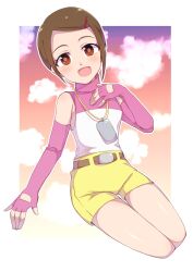 Rule 34 | 1girl, belt, brown eyes, brown hair, cloud, digimon, digimon adventure 02, fingerless gloves, full body, gloves, hair ornament, hairclip, highres, jewelry, looking at viewer, necklace, open mouth, sanirasuto, short hair, shorts, smile, solo, yagami hikari, yellow shorts
