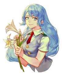 Rule 34 | 10s, 1girl, bad id, bad twitter id, bare arms, blue eyes, blue hair, blue vest, boku no hero academia, bright pupils, closed mouth, female focus, flower, hadou nejire, hands up, holding, holding flower, index finger raised, lily (flower), long hair, looking at viewer, matching hair/eyes, neck, necktie, red necktie, rke, school uniform, shirt, short sleeves, simple background, smile, solo, very long hair, vest, waistcoat, white background, white flower, white pupils