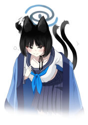 Rule 34 | 1girl, afterimage, animal ears, black eyes, black hair, blue archive, blue neckerchief, blush, cat ears, cat tail, collarbone, eyeshadow, halo, haori, highres, japanese clothes, kikyou (blue archive), leaning forward, looking at viewer, makeup, midriff peek, multiple tails, neckerchief, pleated skirt, red eyeshadow, riffle hunter, school uniform, serafuku, simple background, skirt, smile, solo, tail, white background