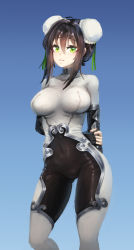 Rule 34 | 1girl, arms behind back, barbariank, black gloves, black hair, blue background, bodysuit, breasts, bun cover, chinese clothes, commentary, covered collarbone, covered navel, double bun, english commentary, eyes visible through hair, fate/grand order, fate (series), fingerless gloves, gloves, gradient background, green eyes, green ribbon, hair between eyes, hair bun, hair ribbon, highres, large breasts, looking at viewer, qin liangyu (fate), ribbon, short hair, sidelocks, simple background, solo