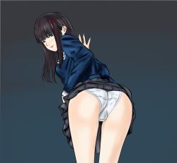 Rule 34 | 1girl, black hair, black skirt, blouse, blue shirt, blunt bangs, clothes lift, cowboy shot, fat mons, from behind, gradient background, green eyes, half-closed eyes, highres, leaning forward, lifted by self, long hair, long sleeves, looking at viewer, looking back, naughty face, panties, persona, persona 5, pleated skirt, shirt, simple background, skirt, skirt lift, smile, solo, thighs, tougou hifumi, underwear, white panties