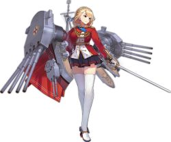Rule 34 | 1girl, aiguillette, azur lane, black skirt, blonde hair, blue ribbon, breasts, buttons, closed mouth, earrings, enka (bcat), eyebrows, facing viewer, frown, full body, gloves, hair ribbon, hand on own hip, holding, holding sword, holding weapon, jewelry, large breasts, long sleeves, looking away, machinery, mast, military, military uniform, miniskirt, official art, pleated skirt, prince of wales (azur lane), rapier, red eyes, ribbon, short hair, skirt, solo, standing, swept bangs, sword, thighhighs, transparent background, tsurime, turret, uniform, weapon, white gloves, white thighhighs, zettai ryouiki