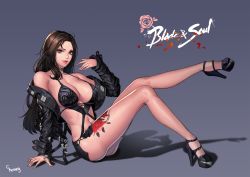 Rule 34 | 1girl, absurdres, arm at side, arm support, artist name, ass, bad id, bad pixiv id, bare legs, bare shoulders, bikini, bikini top only, black bikini, black footwear, black jacket, black skirt, blade &amp; soul, blue eyes, breasts, brown hair, c.honey, choker, closed mouth, collarbone, copyright name, eyelashes, fingernails, flower tattoo, from side, full body, gradient background, halterneck, hand to head, hand up, high heels, highres, jacket, jin (blade &amp; soul), knees up, large breasts, leather, leather jacket, leg tattoo, leg up, lips, long fingernails, long hair, long sleeves, looking at viewer, makeup, mascara, microskirt, midriff, mole, mole under eye, nail polish, nose, off shoulder, open clothes, open jacket, pink nails, red lips, shadow, shoes, side slit, skirt, smile, solo, stomach, swimsuit, tattoo, thigh strap