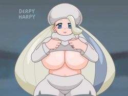 Rule 34 | 1girl, animated, blonde hair, blue eyes, breasts, cleavage, clothes lift, creatures (company), derpyharpy, game freak, hair over one eye, half-closed eyes, hat, huge breasts, large areolae, long hair, looking at viewer, mature female, melony (pokemon), nintendo, nipples, open mouth, pokemon, pokemon swsh, shirt lift, solo, tagme, thick thighs, thighs, video, watermark, wide hips