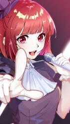 Rule 34 | 1girl, arima kana, ascot, blunt bangs, blurry, blush, bob cut, collared dress, commentary request, depth of field, dress, frilled gloves, frills, gloves, gradient background, hat, highres, holding, holding microphone, idol, idol clothes, lipgloss, looking at viewer, microphone, mini hat, open mouth, oshi no ko, pointing, pointing at viewer, puffy sleeves, purple background, purple dress, red eyes, red hair, short hair, short sleeves, sidelocks, solo, sweat, teeth, upper body, upper teeth only, white ascot, white gloves, zero2212