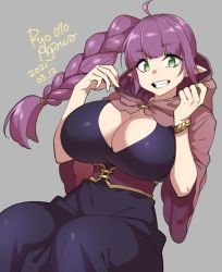 Rule 34 | 1girl, 2021, agawa ryou, bracelet, braid, breasts, commentary, english commentary, green eyes, grey background, hood, hoodie, jewelry, large breasts, looking at viewer, original, pointy ears, purple hair, simple background, solo
