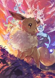 Rule 34 | absurdres, animal focus, backlighting, brown eyes, cloud, commentary request, creatures (company), dutch angle, eevee, espeon, evolutionary line, flareon, fluffy, full body, fur collar, game freak, gen 1 pokemon, gen 2 pokemon, gen 4 pokemon, gen 6 pokemon, glaceon, gradient sky, highres, jolteon, leafeon, leg up, looking to the side, nintendo, no humans, open mouth, outdoors, pokemon, pokemon (creature), sky, solo focus, standing, sunset, sylveon, tapioka chaso, umbreon, vaporeon