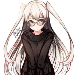 Rule 34 | 10s, 1girl, alternate costume, amatsukaze (kancolle), bad id, bad pixiv id, bespectacled, brown eyes, glasses, kantai collection, long hair, looking at viewer, nekobaka, silver hair, solo, sweater, two side up, very long hair