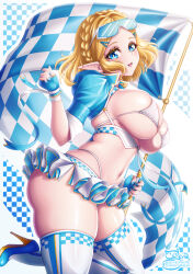 Rule 34 | 1girl, alternate costume, ass, breasts, highres, large breasts, applying manicure, nail polish, navel, nintendo, princess zelda, race queen, revealing clothes, sevie, sideless dress, solo, the legend of zelda, thighs