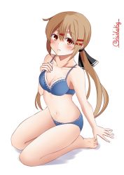 Rule 34 | 1girl, black bow, blue bra, blue panties, blush, bow, bra, breasts, brown eyes, brown hair, from above, hair bow, highres, ishida arata, kantai collection, long hair, looking at viewer, looking up, low twintails, medium breasts, panties, simple background, sitting, smile, solo, tashkent (kancolle), twintails, twitter username, underwear, wariza, white background