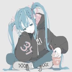 Rule 34 | 1girl, 39, absurdres, arm support, black hoodie, blue eyes, blue hair, blue pants, closed mouth, coffee cup, commentary request, crossed ankles, cup, disposable cup, full body, hair ornament, hand on own cheek, hand on own face, hatsune miku, highres, holding, holding cup, hood, hood down, hoodie, hunched over, long bangs, long hair, looking at viewer, miku day, no pupils, nocopyrightgirl, pale skin, pants, print hoodie, puffy sleeves, romaji text, shoes, simple background, sitting, sleeves past wrists, sneakers, solo, twintails, vocaloid, white background, white footwear