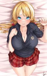 Rule 34 | 1girl, absurdres, ahoge, black shirt, blonde hair, blue eyes, breasts, cleavage, commentary request, endo yohane, hachimiya meguru, hair ornament, highres, idolmaster, idolmaster shiny colors, large breasts, long hair, looking at viewer, low twintails, lying, miniskirt, on back, on bed, plaid, plaid skirt, pleated skirt, polo shirt, school uniform, shirt, short sleeves, skirt, twintails