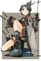 Rule 34 | 1girl, black eyes, black hair, black neckerchief, black socks, blue footwear, boots, brown shorts, closed mouth, cross-laced footwear, frown, full body, holding, io naomichi, kantai collection, lace-up boots, machinery, mogami (kancolle), neckerchief, on one knee, red sailor collar, red shirt, sailor collar, school uniform, serafuku, shirt, short hair, shorts, socks, solo, thigh strap, turret, v-shaped eyebrows, very short hair