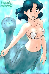 Rule 34 | 00s, 1girl, 2004, aliasing, artist name, awatake takahiro, black eyes, blue hair, breasts, cleavage, dated, mermaid, monster girl, shell, shell bikini, short hair, solo, underwater