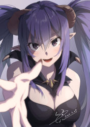 Rule 34 | 1girl, :d, bare shoulders, black leotard, breasts, cleavage, commentary request, curled horns, dated, demon girl, demon horns, eyelashes, fangs, fingernails, gradient background, grey eyes, hair between eyes, highres, horns, large breasts, leotard, long bangs, long hair, looking at viewer, open mouth, original, outstretched hand, pointy ears, purple hair, raiz art works, shaded face, signature, simple background, smile, solo, twintails, upper body, v-shaped eyebrows