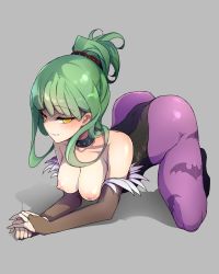 Rule 34 | 1girl, all fours, alternate hairstyle, animal print, ass, bare shoulders, bat print, black gloves, blunt bangs, breasts, breasts out, bridal gauntlets, choker, collar, collarbone, cosplay, elbow gloves, elesis (elsword), elsword, fingerless gloves, from side, full body, gloves, green hair, grey background, grin, hair ornament, hair rings, hair up, half-closed eyes, high ponytail, highres, large breasts, legs apart, leotard, leotard pull, looking at viewer, morrigan aensland, morrigan aensland (cosplay), nipples, own hands together, pantyhose, ponytail, print pantyhose, puffy nipples, purple pantyhose, ringed eyes, shadow, short ponytail, simple background, smile, solo, thong, thong leotard, vampire (game), waero, yellow eyes