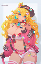 Rule 34 | 1-up mushroom, 1girl, ? block, baseball cap, black choker, black hat, blonde hair, blue eyes, blue nails, boo (mario), breasts, bullet bill, cellphone, choker, cleavage, commentary, crown, crown (symbol), earrings, english commentary, fingernails, fire flower, green nails, hair between eyes, hair ornament, hat, highres, holding, holding phone, jacket, jewelry, large breasts, long hair, long sleeves, looking at viewer, mario, mario (series), multicolored nails, mushroommirror, nail polish, navel, nintendo, phone, pink jacket, pink nails, piranha plant, princess peach, shell, short shorts, shorts, shoulder tattoo, solo, sphere earrings, star tattoo, striped clothes, striped thighhighs, super star (mario), tattoo, thighhighs, thighs, white shorts, white thighhighs