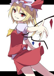 Rule 34 | 1girl, arai togami, blonde hair, flandre scarlet, grin, hat, hat ribbon, letterboxed, mob cap, outstretched arms, pointy ears, red eyes, ribbon, shirt, side ponytail, skirt, skirt set, smile, solo, touhou, vest, wings