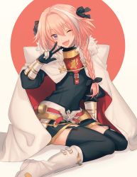 Rule 34 | 1boy, ;d, armor, astolfo (fate), asuda, black bow, black gloves, black ribbon, black shirt, black thighhighs, boots, bow, braid, buckle, cloak, commentary request, fang, fate/apocrypha, fate (series), faulds, fur-trimmed cloak, fur trim, garter straps, gauntlets, gloves, hair between eyes, hair bow, hair intakes, hair over shoulder, hair ribbon, hand up, head tilt, horns, knee boots, long hair, long sleeves, looking at viewer, male focus, multicolored hair, one eye closed, open mouth, pink hair, purple eyes, red cloak, ribbon, shadow, shirt, single braid, single horn, sitting, smile, solo, streaked hair, thighhighs, trap, w, wariza, white background, white cloak, white footwear, white hair
