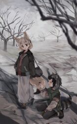 Rule 34 | 2girls, :d, alternate costume, animal ear fluff, animal ears, bag, bare tree, black hair, blonde hair, brown eyes, closed eyes, commentary request, common raccoon (kemono friends), extra ears, fennec (kemono friends), fox ears, fox girl, fox tail, grey hair, highres, kemono friends, long sleeves, mittens, multicolored hair, multiple girls, nanana (nanana iz), open mouth, outdoors, puffy pants, raccoon ears, raccoon girl, raccoon tail, short hair, shoulder bag, single mitten, sleeves past wrists, smile, squatting, striped tail, tail, tree, walking