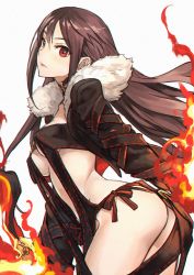 Rule 34 | 1girl, arched back, ass, breasts, brown hair, choker, yu mei-ren (fate), earrings, fate/grand order, fate (series), fire, from side, fur trim, highres, jewelry, leaning forward, lips, long hair, looking at viewer, ninnin (shishitou), parted lips, red eyes, revealing clothes, ribbon-trimmed clothes, ribbon trim, sidelocks, simple background, small breasts, solo, underboob, white background