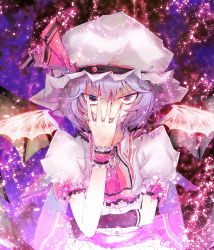 Rule 34 | 1girl, asymmetrical clothes, bad id, bad pixiv id, bat wings, blue hair, bow, claws, covering face, dress, elbow gloves, embers, female focus, fingerless gloves, fingernails, frills, gloves, hat, light purple hair, long fingernails, nail, red eyes, remilia scarlet, smirk, solo, touhou, tsurime, wings, wrist cuffs, yui (niikyouzou)