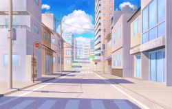 Rule 34 | absurdres, bad id, bad pixiv id, biako, blue sky, building, cloud, cloudy sky, commentary request, day, english text, highres, no humans, original, outdoors, power lines, road, road sign, scenery, shadow, sidewalk, sign, sky, skyscraper, storefront, street, utility pole, window