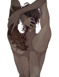 Rule 34 | 1boy, arm tattoo, arms up, back, brown hair, commentary request, dark-skinned male, dark skin, dragon tattoo, from behind, highres, jewelry, katsuo1227, male focus, necklace, ookurikara, solo, tattoo, toned, toned male, topless male, touken ranbu, white background