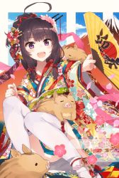 Rule 34 | 1girl, :d, = =, ahoge, animal, ass, black footwear, blush, boar, brown hair, chinese zodiac, commentary request, convenient leg, egasumi, floral print, flower, furisode, hair flower, hair ornament, hair ribbon, hand fan, holding, holding fan, japanese clothes, kanzashi, kimono, knees up, long hair, long sleeves, looking at viewer, nanashi star, obi, open mouth, original, petals, pink flower, ponytail, print kimono, purple eyes, red flower, red ribbon, ribbon, sash, short kimono, sitting, smile, solo, tassel, teeth, thighhighs, upper teeth only, white thighhighs, wide sleeves, year of the pig