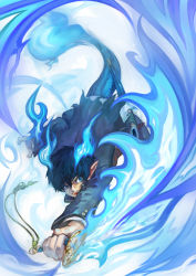 Rule 34 | 1boy, 2c, ao no exorcist, black hair, blue eyes, fire, fire, flaming sword, flaming weapon, full body, gradient background, male focus, okumura rin, open mouth, pointy ears, scabbard, sheath, smile, solo, sword, tail, weapon, white background