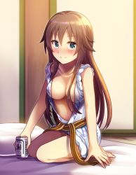 Rule 34 | 1girl, blush, breasts, brown hair, can, cleavage, closed mouth, collarbone, futon, green eyes, hair between eyes, hair over breasts, himekawa yuki, holding, holding can, idolmaster, idolmaster cinderella girls, indoors, japanese clothes, kimono, kneeling, long hair, looking at viewer, medium breasts, open clothes, open kimono, pillow, shiny skin, sleeveless, sleeveless kimono, smile, solo, very long hair, z.nov