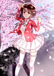 Rule 34 | 1girl, absurdres, brown eyes, brown hair, cherry blossoms, dress, frilled thighhighs, frills, hat, highres, katou megumi, outdoors, saenai heroine no sodatekata, short hair, solo, thighhighs, tongtongtong, tree, white dress, white thighhighs, zettai ryouiki