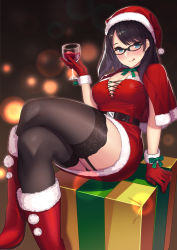 Rule 34 | 1girl, :q, alcohol, arm support, ass, bare arms, belt, black-framed eyewear, black hair, black panties, blue eyes, blurry, blush, boots, box, breasts, brown thighhighs, capelet, cleavage, closed mouth, crossed legs, cup, depth of field, dress, drinking glass, fur-trimmed boots, fur-trimmed capelet, fur-trimmed dress, fur-trimmed headwear, fur trim, garter straps, gift, gift box, glass, glasses, gloves, hand up, hat, highres, holding, holding cup, kagematsuri, legs, lens flare, long hair, looking at viewer, medium breasts, mole, mole under mouth, neck ribbon, original, panties, red capelet, red dress, red footwear, red gloves, red hat, ribbon, santa costume, santa hat, sidelocks, sitting, sleeveless, sleeveless dress, smile, solo, thick thighs, thighhighs, thighs, tongue, tongue out, underwear, wine, wine glass