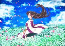 Rule 34 | 1girl, absurdres, barefoot, brown hair, cloud, day, demon, demon girl, field, flower, flower field, from side, hair down, highres, inuyasha, inuyasha (character), japanese clothes, kagura (inuyasha), kimono, lipstick, long hair, looking at viewer, makeup, outdoors, petals, pointy ears, red eyes, sitting, sky, solo, very long hair, wind