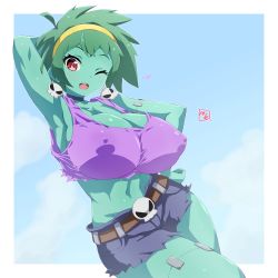 Rule 34 | 1girl, alternate breast size, arm up, bea (bropmlk), blue shorts, breasts, cleavage, covered erect nipples, earrings, green hair, hairband, hand on own hip, headband, highres, huge breasts, jewelry, large breasts, looking at viewer, midriff, navel, one eye closed, open mouth, red eyes, rottytops, shantae (series), short hair, short shorts, shorts, skin tight, skull earrings, solo, standing, thick thighs, thighs, torn clothes, torn shorts, wink, yellow hairband, zombie