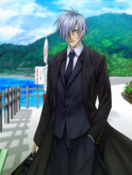 Rule 34 | 00s, 1boy, air (visual novel), briefcase, cloud, coat, day, formal, hair over one eye, hands in pockets, key (company), kunisaki yukito, male focus, mountain, mutsuki (moonknives), nature, necktie, outdoors, short hair, silver hair, sky, solo, standing, suit, trench coat
