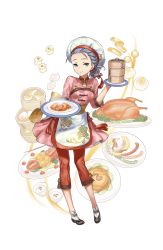 Rule 34 | 1girl, apron, baozi, bird, bow, braid, braided bangs, chicken, dumpling, food, full body, green eyes, hair bun, hair ornament, hat, highres, holding, holding plate, looking at viewer, nikki quinnell, official art, plate, princess principal, princess principal game of mission, purple hair, shoes, shrimp, shumai (food), simple background, single hair bun, smile, solo, standing, tassel, tassel hair ornament, transparent background, waist bow, white hat