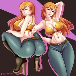 Rule 34 | 1girl, abs, absurdres, armpits, arms up, ass, ass focus, assymptoad, belt, boots, breasts, brown eyes, crop top, curvy, denim, high heel boots, high heels, highres, jeans, joy (shenmue), large breasts, long hair, looking at viewer, looking back, midriff, navel, orange hair, pants, sega, shenmue, shenmue ii, shiny skin, sideboob, sleeveless, smile, squatting, thick thighs, thighs, toned, toned female