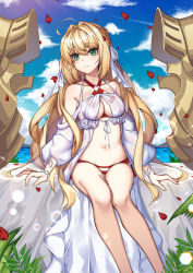 Rule 34 | 1girl, absurdres, ahoge, bare shoulders, bikini, blonde hair, breasts, cleavage, collarbone, commentary request, criss-cross halter, fate/grand order, fate (series), green eyes, hair intakes, halterneck, highres, huge filesize, jewelry, long hair, looking at viewer, medium breasts, navel, nero claudius (fate), nero claudius (fate) (all), nero claudius (swimsuit caster) (fate), nero claudius (swimsuit caster) (third ascension) (fate), oguri (pixiv25574366), outdoors, side-tie bikini bottom, sitting, smile, solo, striped bikini, striped clothes, swimsuit, twintails