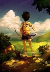 Rule 34 | 1boy, backpack, bag, bandaid, bird, black hair, blue sky, branch, bush, child, cloud, day, dirt, flower, from behind, full body, kneepits, leaf, light rays, male focus, noeyebrow (mauve), original, outdoors, power lines, realistic, shirt, shoes, short hair, shorts, sky, sneakers, socks, solo, standing, sunbeam, sunlight, t-shirt, thermos, tree, wind