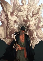 Rule 34 | 1boy, abs, angel, angel wings, artist request, epic, expressionless, highres, holding, holding sword, holding weapon, multiple others, muscular, one piece, open clothes, open shirt, pectorals, polearm, roronoa zoro, scar, sculpture, serious, sword, weapon, wings