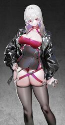 Rule 34 | 1girl, belt, black thighhighs, breasts, collar, collarbone, eyes visible through hair, garter straps, gradient background, grey background, hand on own hip, highres, jacket, jewelry, large breasts, latex, light smile, long hair, looking at viewer, nails, nicholas f, ok sign, original, panties, pink hair, ring, scar, scar on face, scar on forehead, serious, suspenders, thighhighs, thighs, underwear, white hair, zipper
