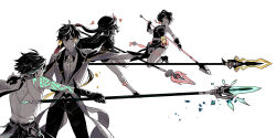 2boys 2girls fighting_stance genshin_impact gils3105 holding holding_weapon hu_tao_(genshin_impact) image_sample multiple_boys multiple_girls pixiv pixiv_sample polearm primordial_jade_winged-spear_(genshin_impact) staff_of_homa_(genshin_impact) vortex_vanquisher_(genshin_impact) weapon white_background xiangling_(genshin_impact) xiao_(genshin_impact) zhongli_(genshin_impact)