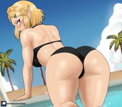 Rule 34 | 1girl, ass, ass focus, bikini, blonde hair, braid, cameltoe, crown braid, echo saber, embarrassed, from behind, highres, legs, looking back, nintendo, palm tree, parted bangs, partially submerged, pointy ears, princess zelda, short hair, simple background, solo, sweat, swimsuit, the legend of zelda, the legend of zelda: breath of the wild, the legend of zelda: tears of the kingdom, tree, water