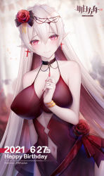 Rule 34 | 1girl, absurdres, alternate breast size, arknights, bad id, bad pixiv id, binggong asylum, black bow, black collar, blurry, blurry background, bow, breasts, clothing cutout, collar, colored skin, copyright name, covered erect nipples, cross, cross earrings, dated, depth of field, earrings, fang, flower, hair between eyes, hair bow, hair flower, hair ornament, hand up, happy birthday, highres, jewelry, large breasts, long hair, looking at viewer, nail polish, navel, navel cutout, necklace, pointy ears, red eyes, red flower, red nails, revision, ring, skin fang, slit pupils, solo, spaghetti strap, upper body, very long hair, warfarin (arknights), watermark, white hair, white skin