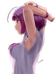 Rule 34 | 1girl, ahoge, armpits, arms behind head, arms up, bare arms, blue hair, bracelet, breasts, choker, collar, commentary, crossed arms, dated, from side, highres, idolmaster, idolmaster cinderella girls, jewelry, medium breasts, medium hair, multicolored hair, nagian, no bra, pink collar, pink hair, profile, red eyes, ring, see-through silhouette, shirt, simple background, solo, t-shirt, two-tone hair, upper body, white background, yumemi riamu