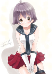 Rule 34 | 1girl, anchor ornament, black necktie, black sailor collar, blue eyes, breasts, cleavage, collarbone, dated, garter straps, gloves, grey hair, kantai collection, kitagawa mikio, necktie, one-hour drawing challenge, pleated skirt, red skirt, sailor collar, sakawa (kancolle), shirt, short hair, single thighhigh, sitting, skirt, sleeveless, sleeveless shirt, small breasts, solo, thighhighs, twitter username, white gloves