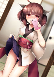 Rule 34 | 1girl, ahoge, amoriro, black hair, blush, bow, cellphone, closed mouth, clothes lift, dutch angle, highres, holding, holding phone, japanese clothes, lifting own clothes, panties, pantyshot, phone, reflection, sash, selfie, skirt, skirt lift, smartphone, smile, solo, standing, tatami, touhoku kiritan, underwear, voiceroid, white panties