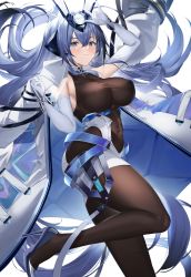Rule 34 | 1girl, :3, azur lane, bare shoulders, black footwear, blue eyes, blue hair, blush, bodystocking, breasts, closed mouth, coat, coat on shoulders, covered erect nipples, covered navel, elbow gloves, gloves, headgear, high-waist skirt, high heels, highres, large breasts, leg up, long hair, looking at viewer, new jersey (azur lane), pumps, sg (satoumogumogu), shoes, simple background, skirt, smile, solo, standing, standing on one leg, stiletto heels, very long hair, white background, white coat, white gloves, white skirt